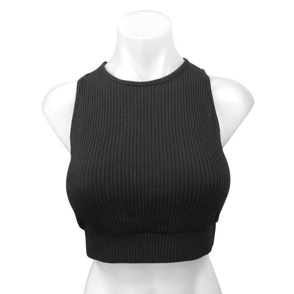Zara Black Ribbed Knit High Neck Sleeveless Cropped Sweater Vest Top Size M - Picture 1 of 4